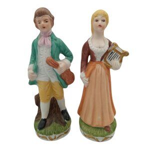 Vintage Flambro Colonial Figurine Set Man & Woman Musician Porcelain Pair 6"